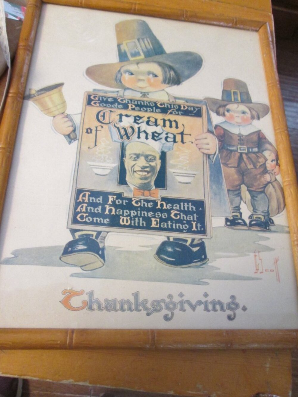 Vtg Cream of Wheat 1923 ad pilgrims Thanksgiving Framed cottage core decor